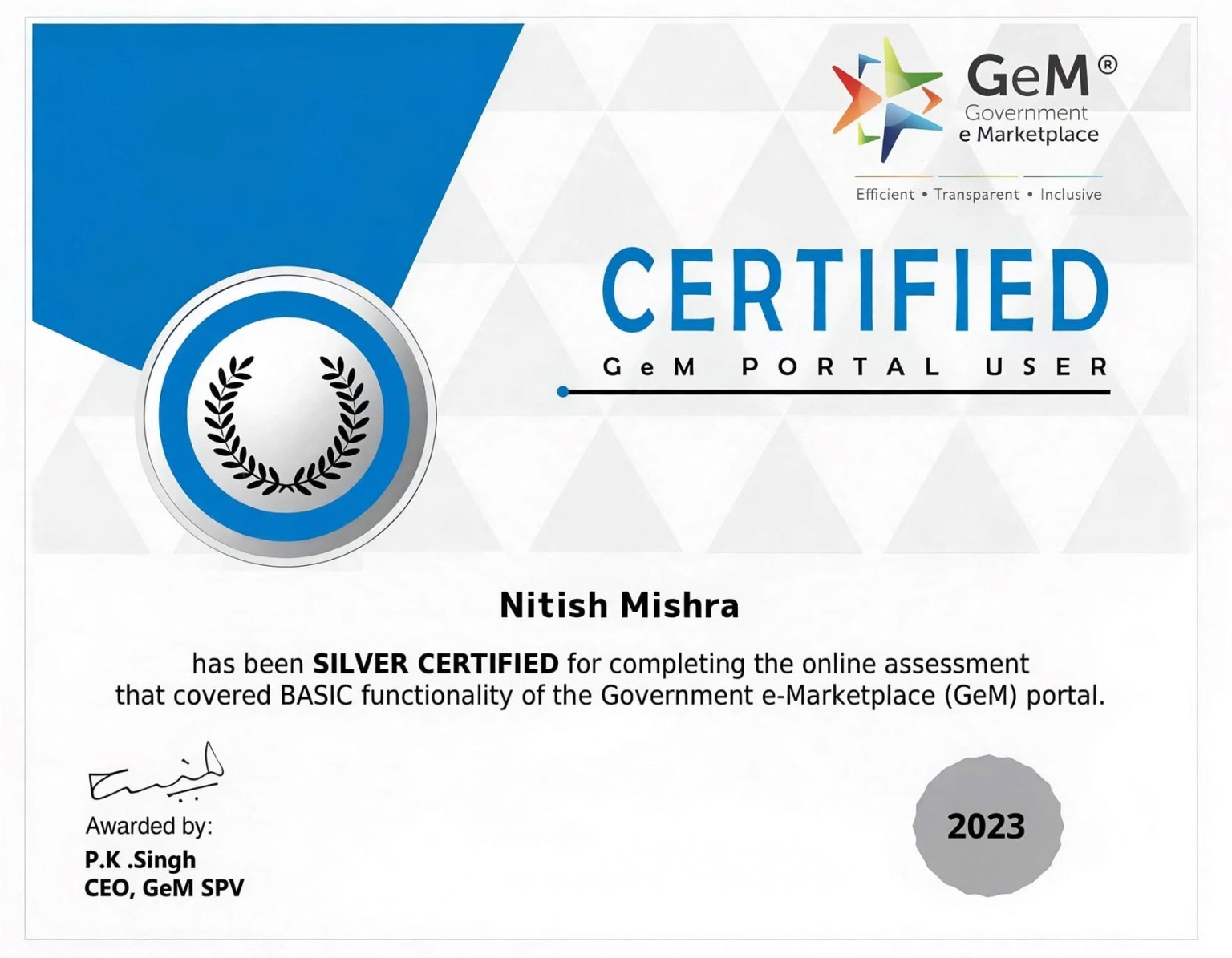 GeM Silver Certification — Basic Functionality